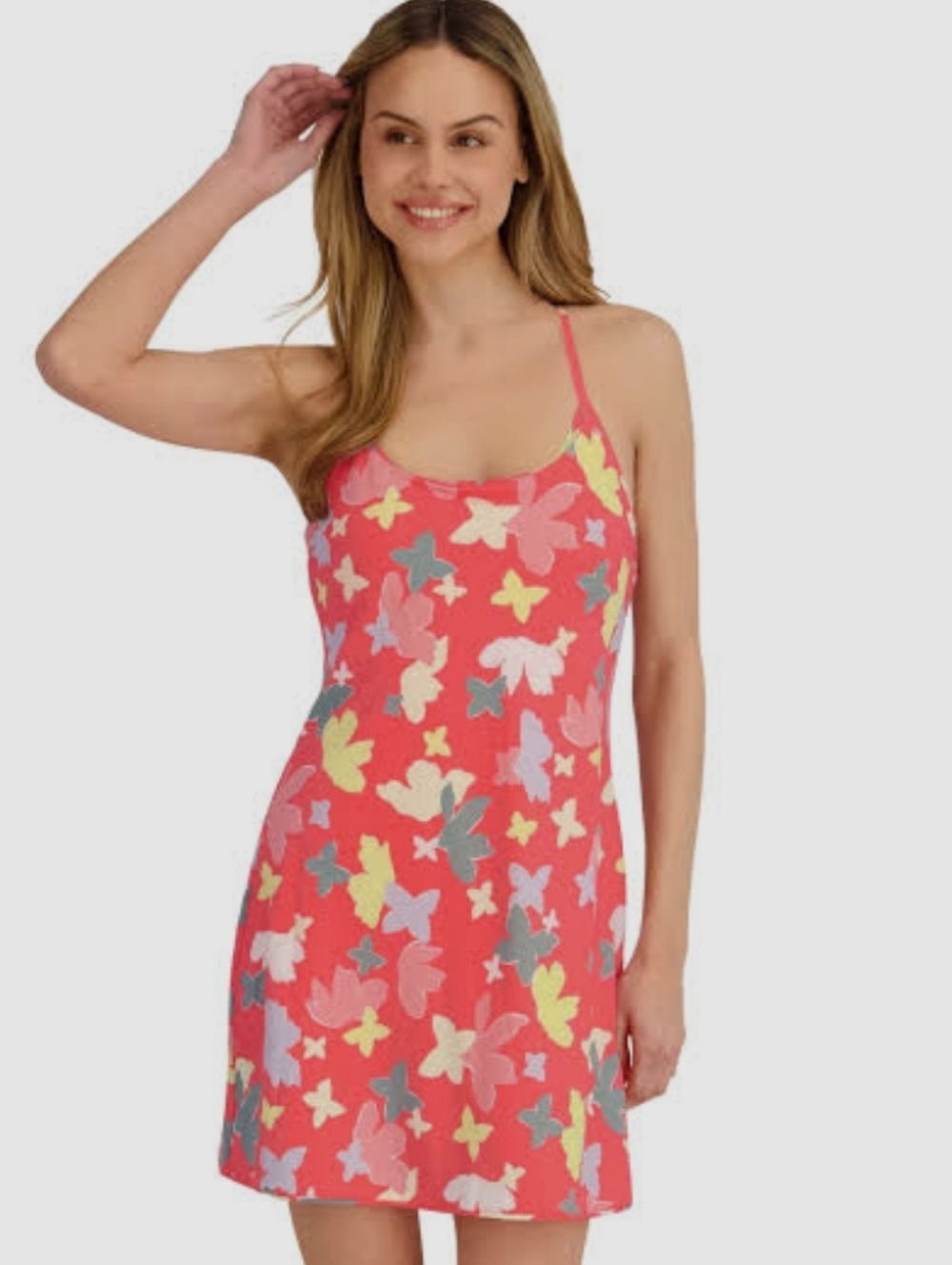 Outdoor Voices Coral Floral Slip Dress with Multicolor Butterfly Print